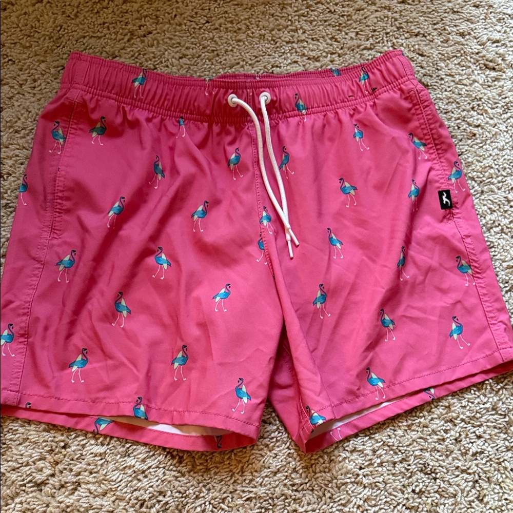 Men's Pink flamingo Printed Swim Trunks Drawstring Waist mesh lining size large